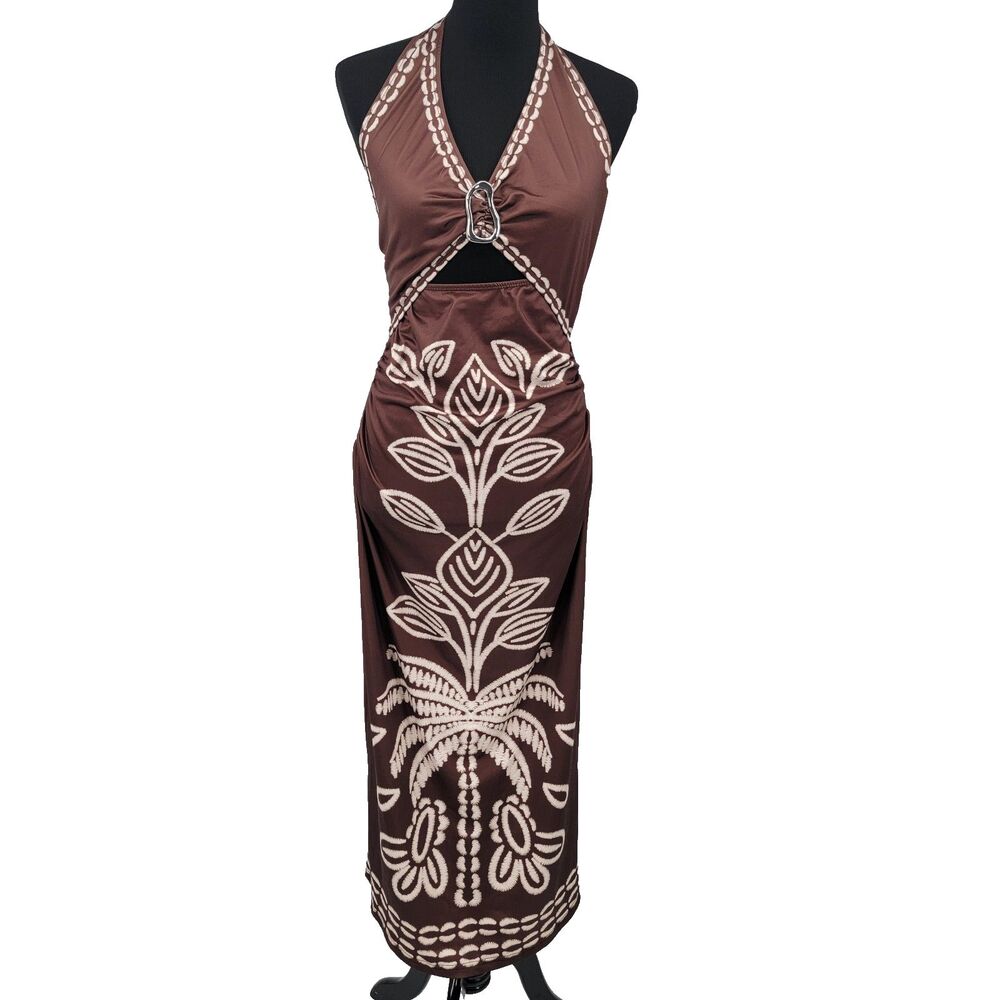 Womens M Brown Tropical Floral Front Cutout Halter Backless Maxi Slit Dress